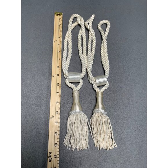 Vintage Ivory Curtain Tie Backs Pair with Tassels 17" Long Decorative Rope Holdb - Picture 5 of 13